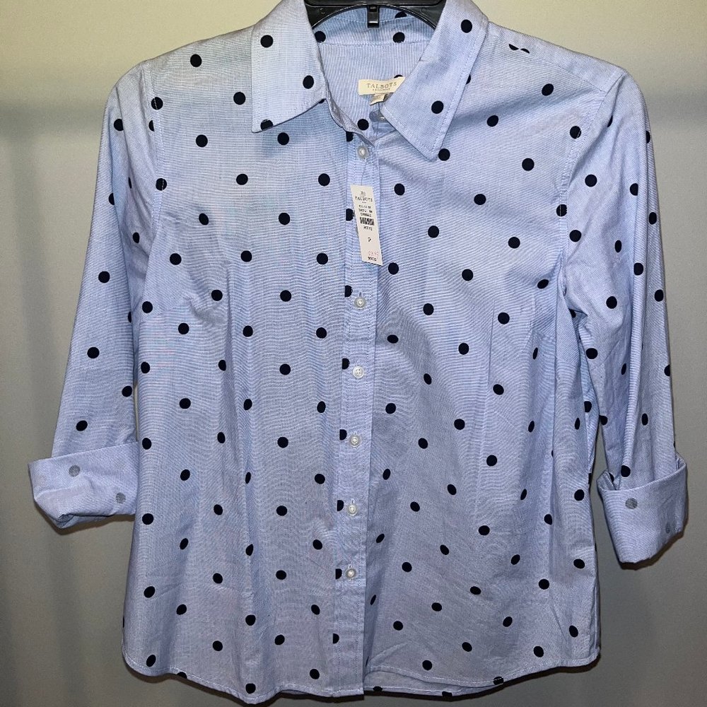 Talbots Blue Polka Dot Dress Shirt Size Petite